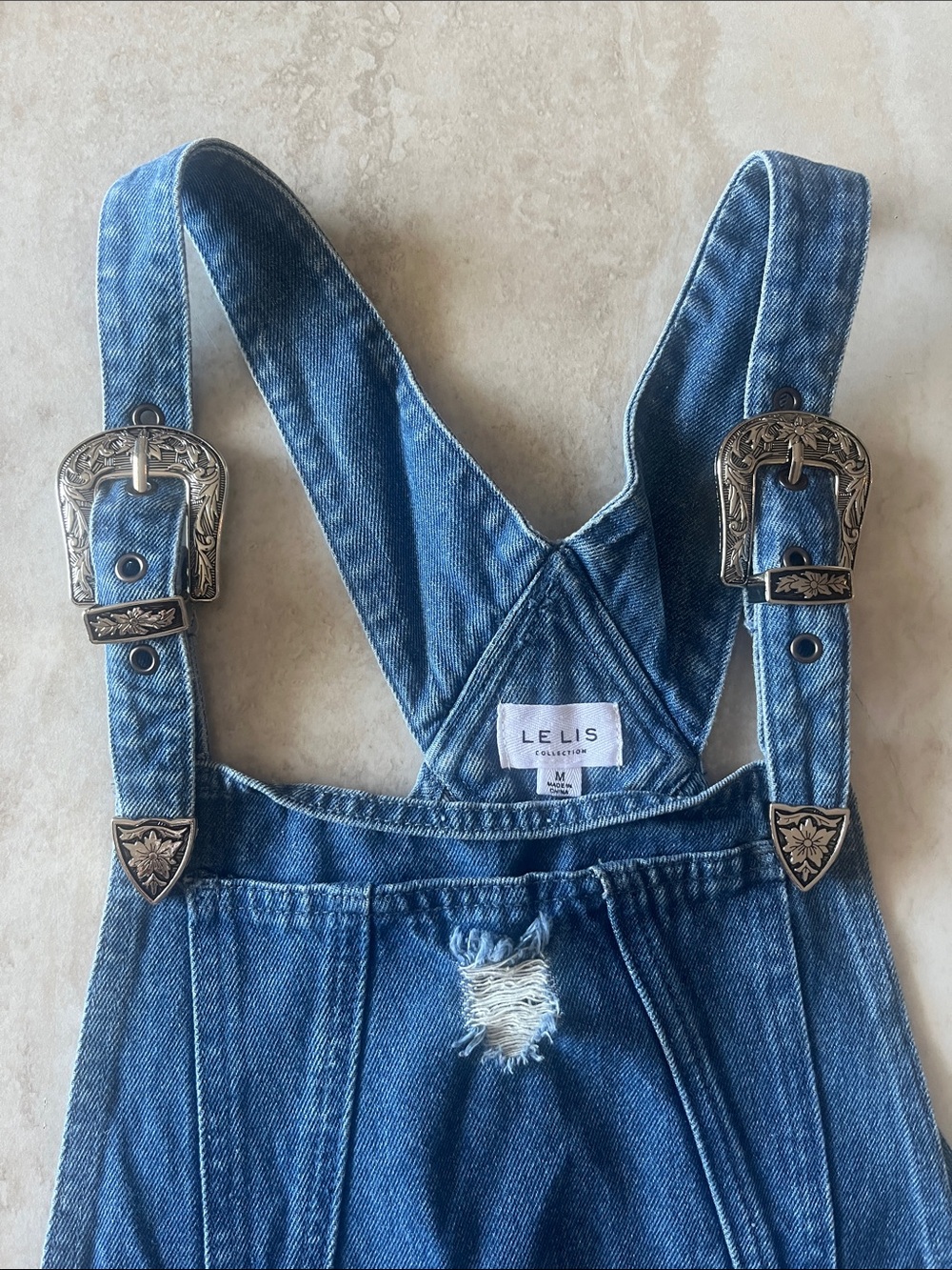 Le Lis Denim Blue Distressed Overall Skirt